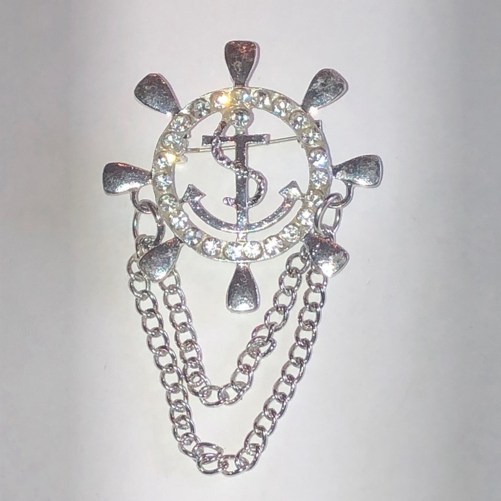 Silver Tone Nautical Boho Anchor Brooch with Chains